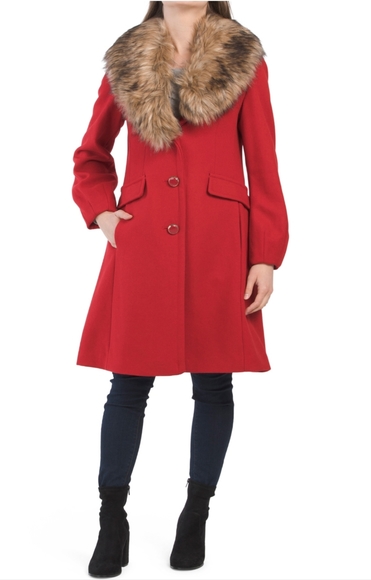 Kate Espade Wool Blend Faux Fur Collar Red Coat